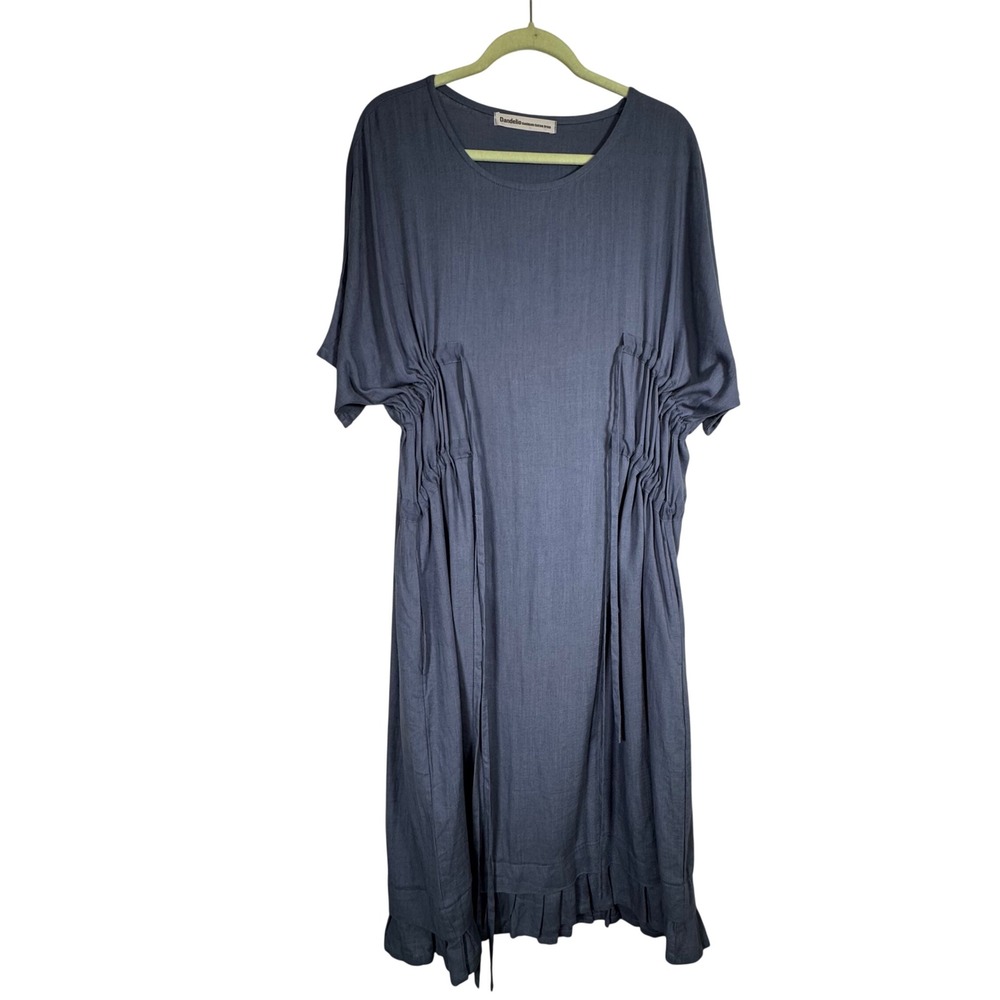 Dandelio Handmade Linen Cotton Cinch Drawstring Dress Blue L/XL | Oversized Midi - Picture 2 of 11